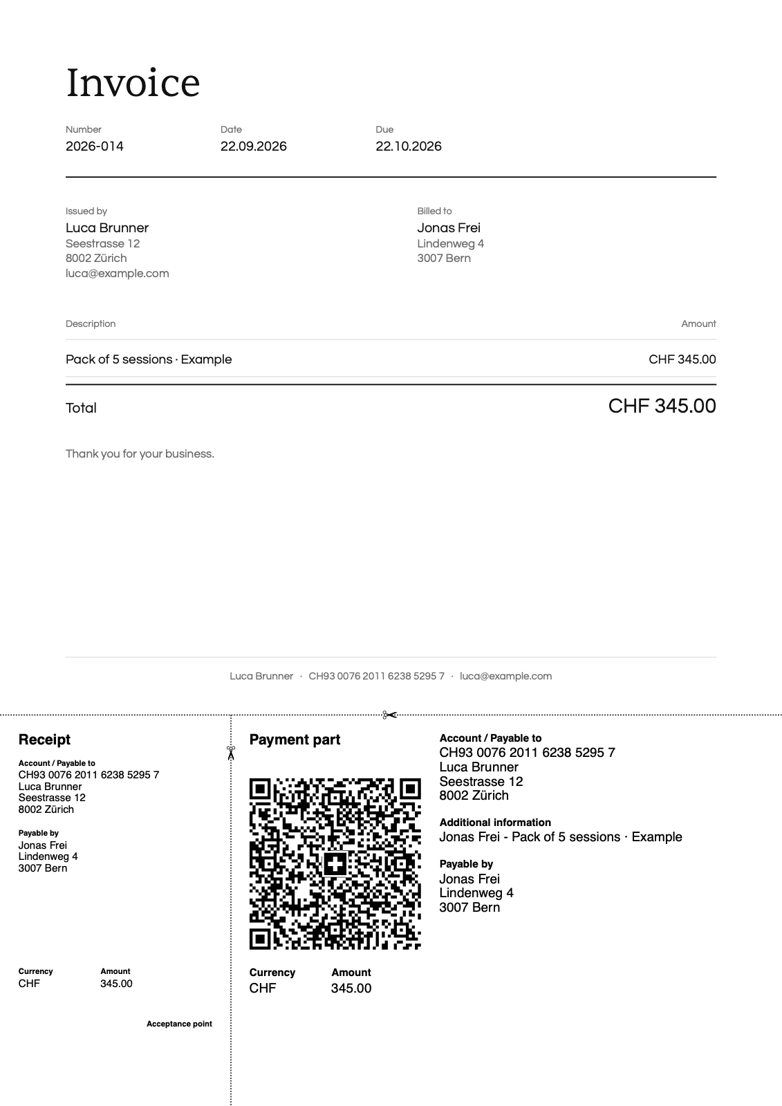Factura 2026-014 de Luca Brunner a Jonas Frei por CHF 345.00, con su parte de pago de factura QR suiza.